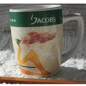 Jacobs Coffee Mug Collection Girl Drinking Coffee Graphic Design Green Band